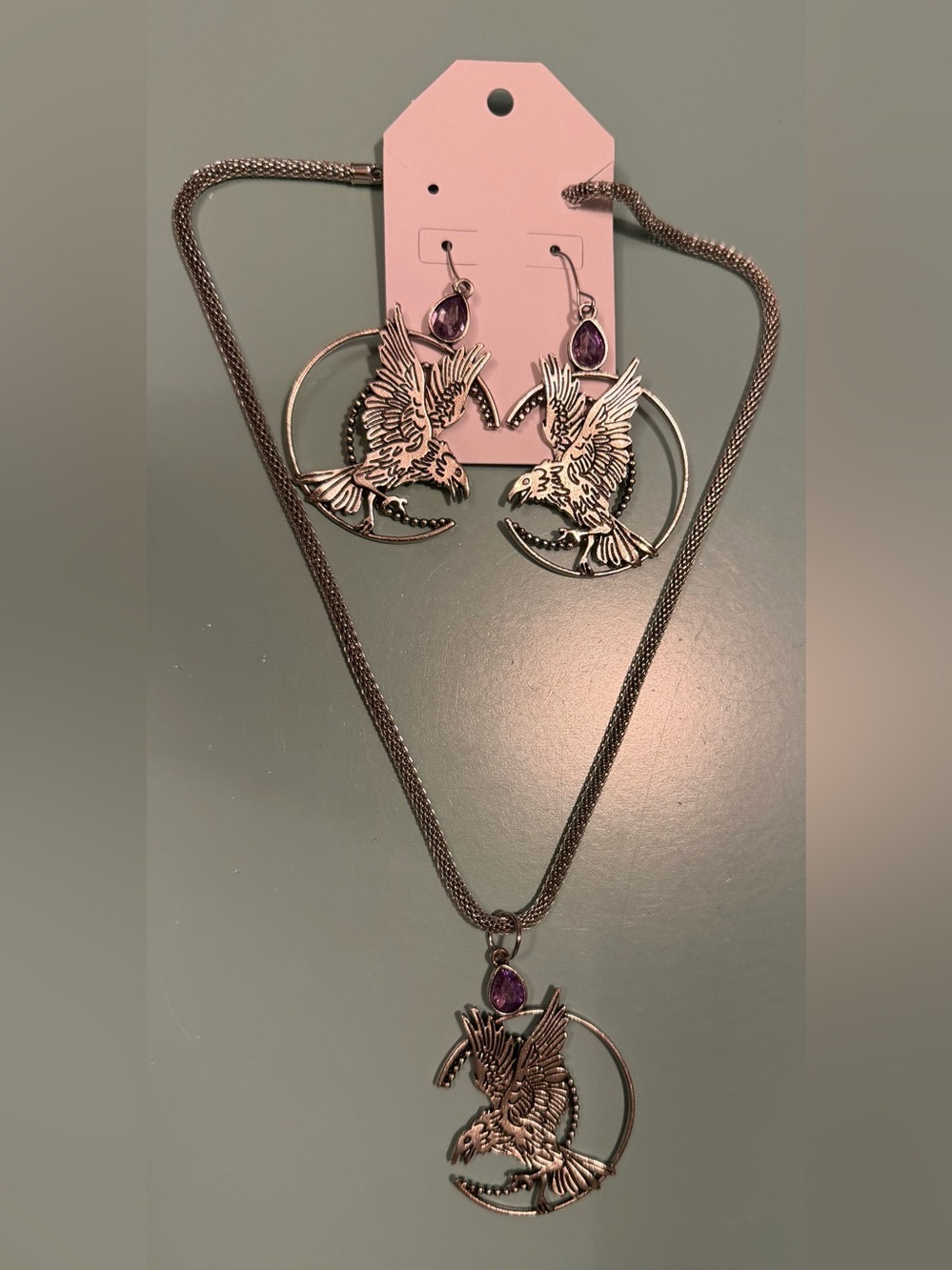 Silver Raven Mesh Necklace with Matching Hoop Earrings - Purple Crystal Accents